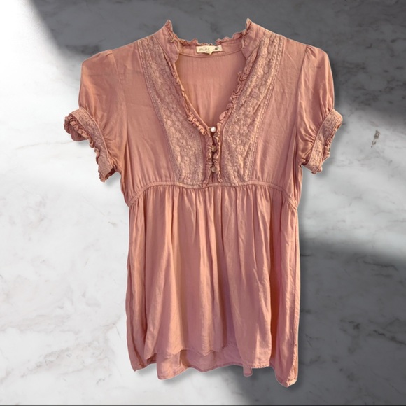 Pastel Pink Short Sleeve Blouse with Embroidered Collar with Buttons by MINE - Picture 1 of 13